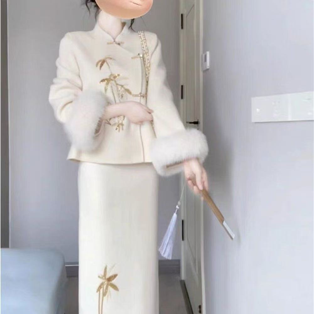 Women's Elegant Neo-Chinese 2-Piece: Embroidered Wool Coat & High-Waist Skirt for Autumn-Winter