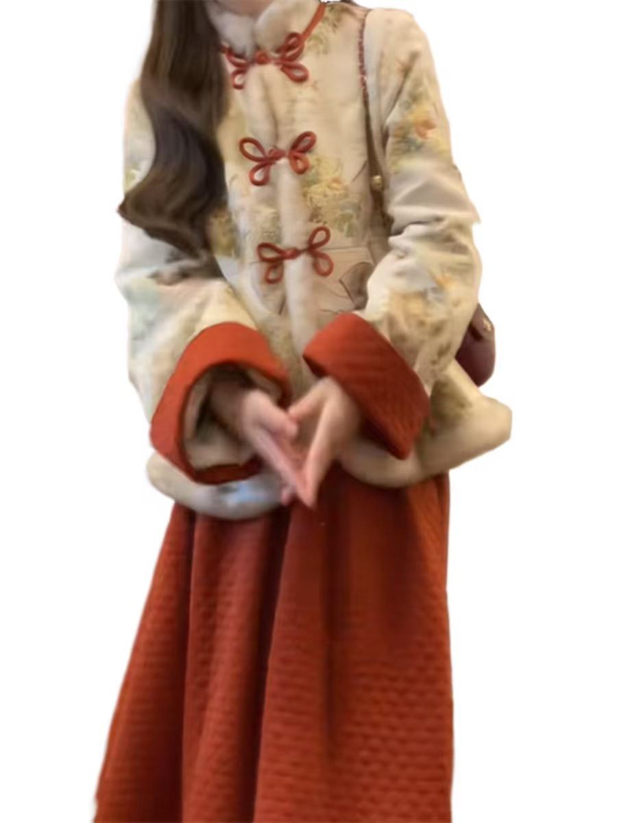 Luxurious Neo-Chinese 2-Piece: Quilted Frog-Button Jacket & Skirt, Crafted for Autumn-Winter Grace