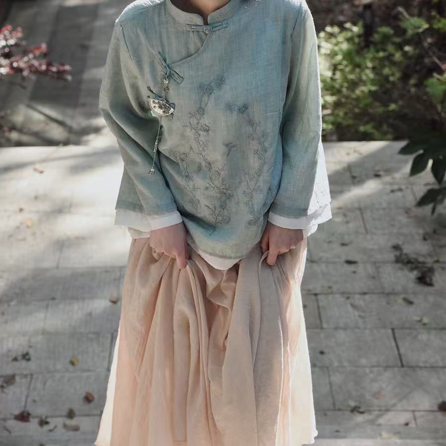 Zen Tea-Inspired Neo-Chinese 2-Piece: Cotton-Linen Shirt & Skirt