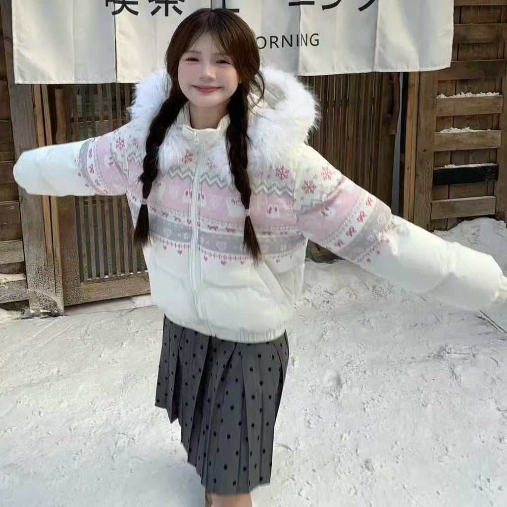 Women's Winter Down Jacket with Snowflake Rabbit Print, Fur Collar & Hood: Versatile, Warm Winter Puffer Coat