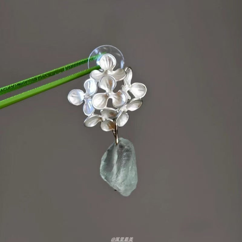 "Silver Blossom Cluster" – Neo-Chinese Silver Floral Earrings with Blue Crystals, Cool Summer Vibe, Beach Getaway Style