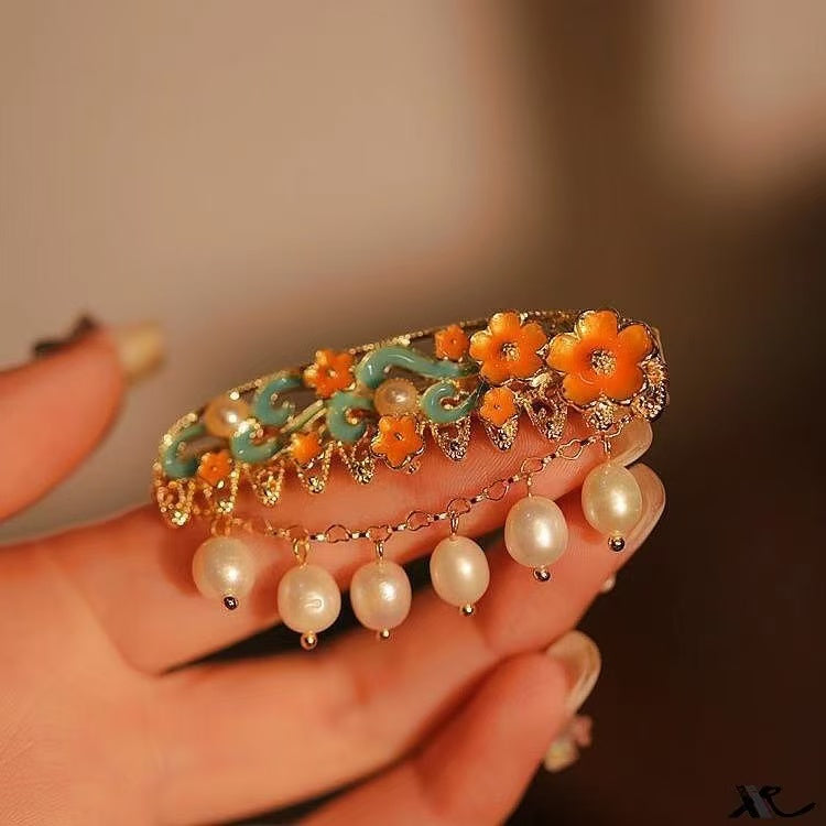 Enameled Pearl Hair Clip – Ambient Side Clip, Neo-Chinese Bangs/Strand Clip, Retro Ethnic Charm